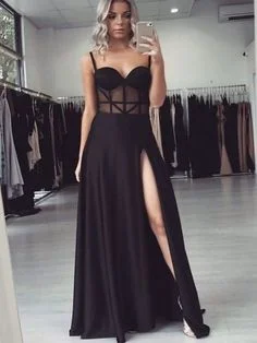 Glamorous A-Line Sweetheart Open Back See through Black Satin Long Prom Dresses cg7667 Glamorous A-Line Sweetheart Open Back See through Black Satin Long Prom Dresses cg7667