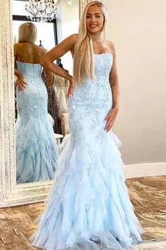Light Blue Mermaid Lace Appliques Prom Dress with Ruffles, Strapless Long Evening Dress cg7729 Light Blue Mermaid Lace Appliques Prom Dress with Ruffles, Strapless Long Evening Dress cg7729