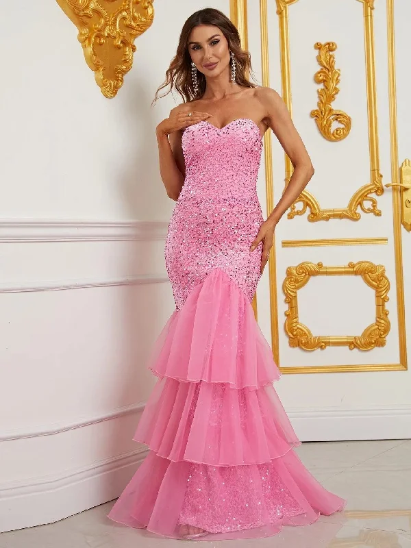 Elegant Mesh Overlay Mermaid Hem Sequin Prom Dress