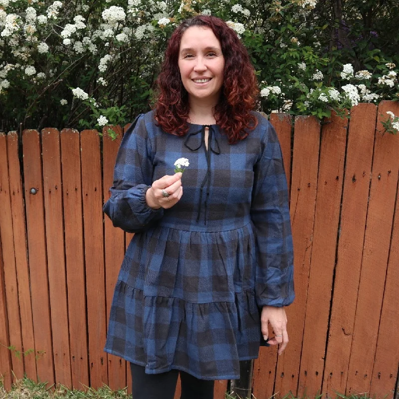 Fair Trade Blue and Black Checkered Puffed Sleeve Twill Dress