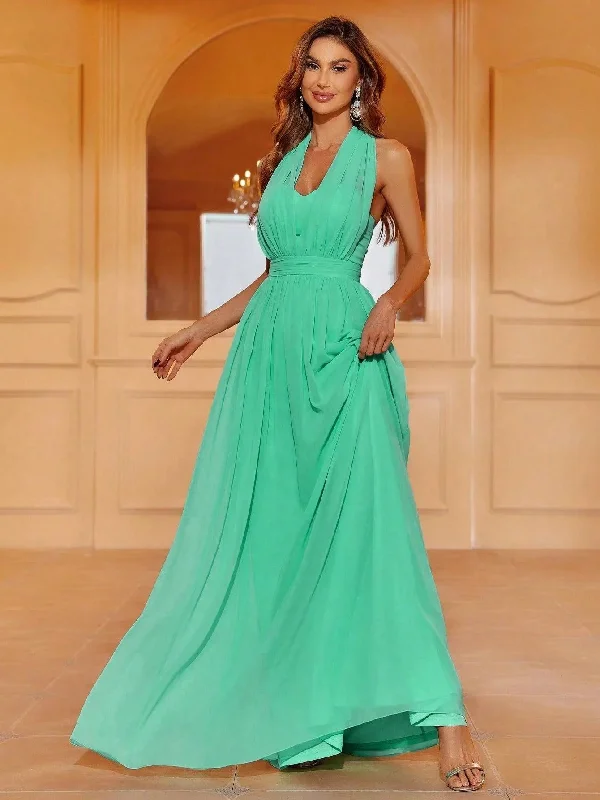 Halter Neck Backless Chiffon A Line Dress