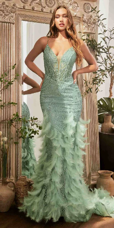 Ladivine CC1608 Long Sheer Boned Bodice Faux Feather Godet Mermaid Gown