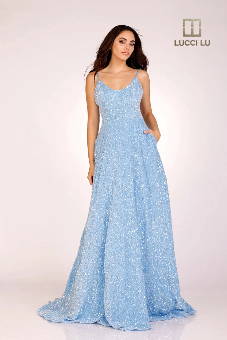 Lucci Lu 1273 Long A Line Velvet Sequin Ball Gown Backless Prom Dress Corset V neck Corset