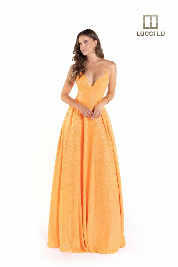 Lucci Lu 1246  Sequin Neon A Line Ballgown Backless Corset Prom Dress Pockets Formal Gown