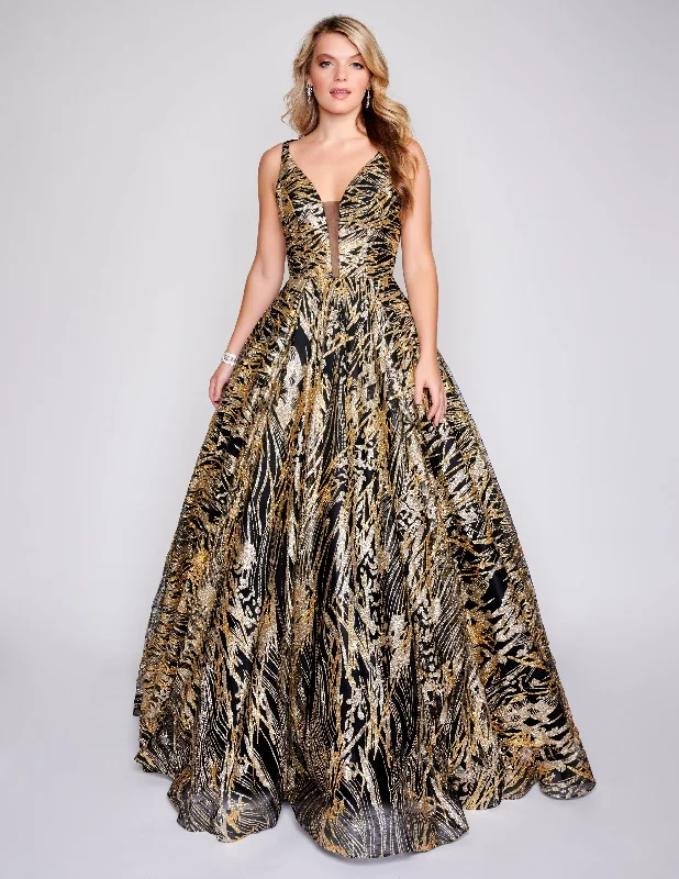 Nina Canacci 8209 Shimmer Print Ballgown Prom Dress Glitter V Neck A Line Formal Gown