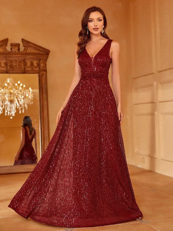 Plunging Neck Backless Sequin A-line Prom Dress