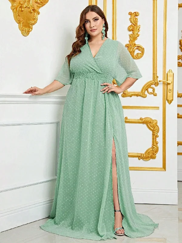 Plus Butterfly Sleeve Swiss Dot Split Thigh Chiffon Dress