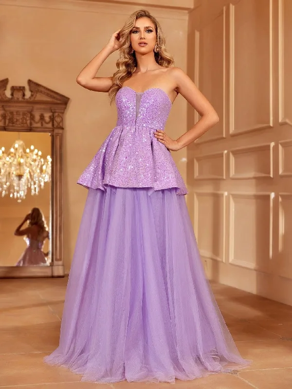 Sequin Bodice Contrast Mesh Hem Tube Prom Dress
