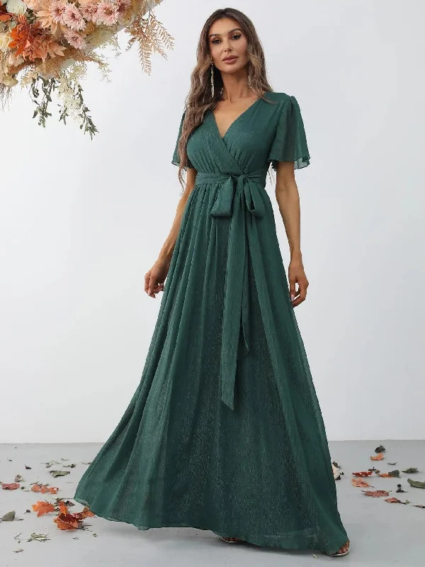 Solid V Neck Butterfly Sleeve Glitter Belted Dress