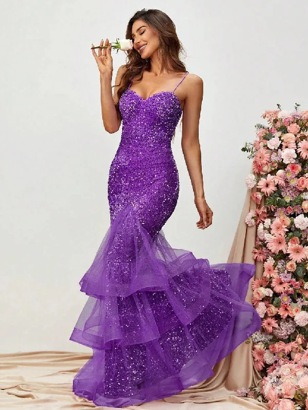 Spaghetti Strap Back Cut Out Sequin Mermaid Dress