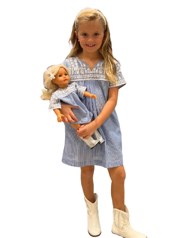 The Aubrey Embroidered Blue and White Cotton Dress For Girls