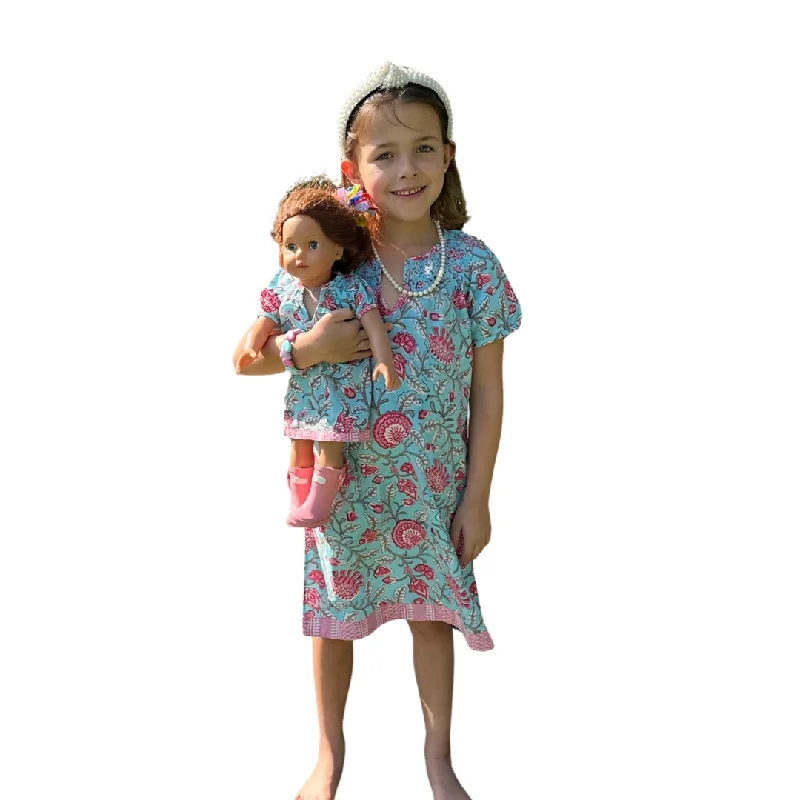 The Michelle Dress for Girls in Turquoise and Pink Block Print Cotton