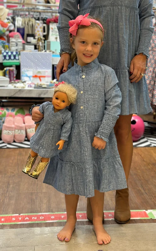 The Wesley Smocked Sleeve Girls Dress in Chambray