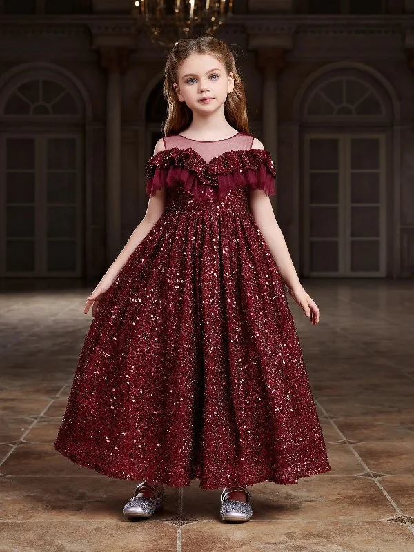 Tween Girls' Ruffle Trim Mesh Insert Sequin Prom Dress