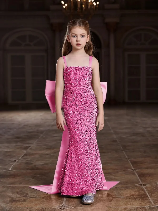Tween Girls' Square Collar Sequin Mermaid Dress With Big Bow
