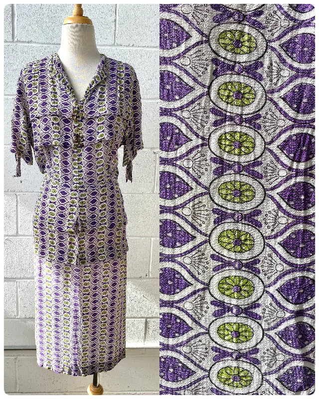 Vintage 1940s Purple & Green Print Silk Day Dress, B44"