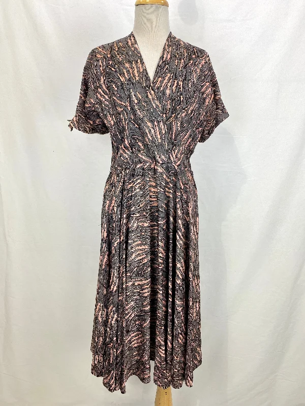 Vintage 1950s Grey/ Pink Feather Print Cross Front Dress, Medium