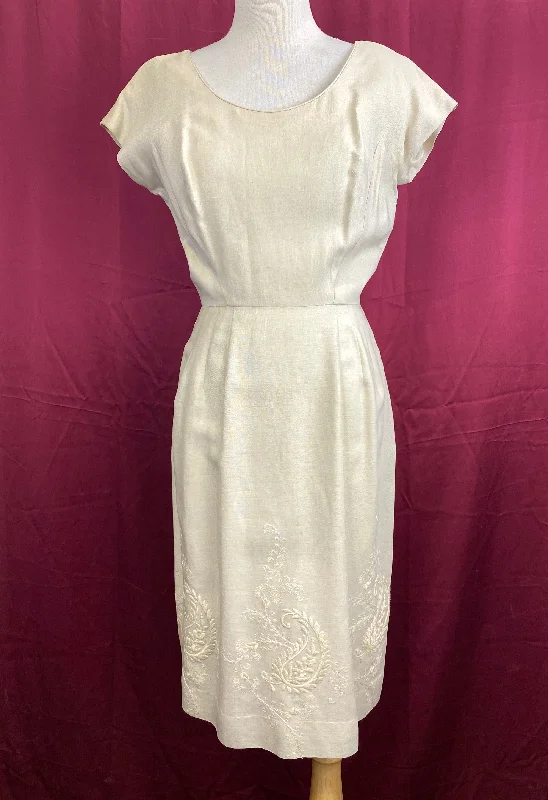 Vintage 1950s Ivory Embroidered Short-Sleeve Linen Sheath Dress, XS