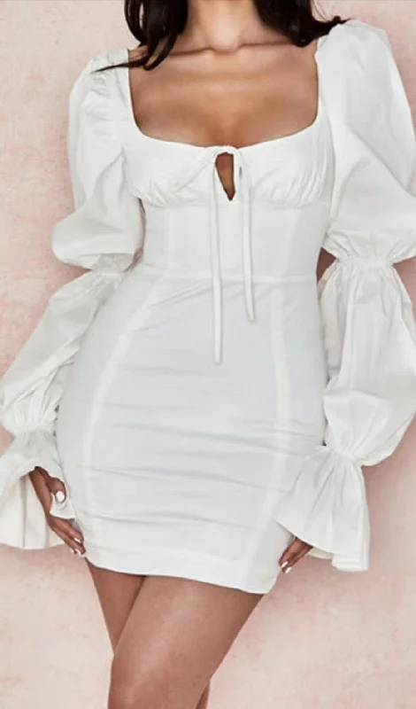 WHITE PUFF SLEEVE CORSET DRESS