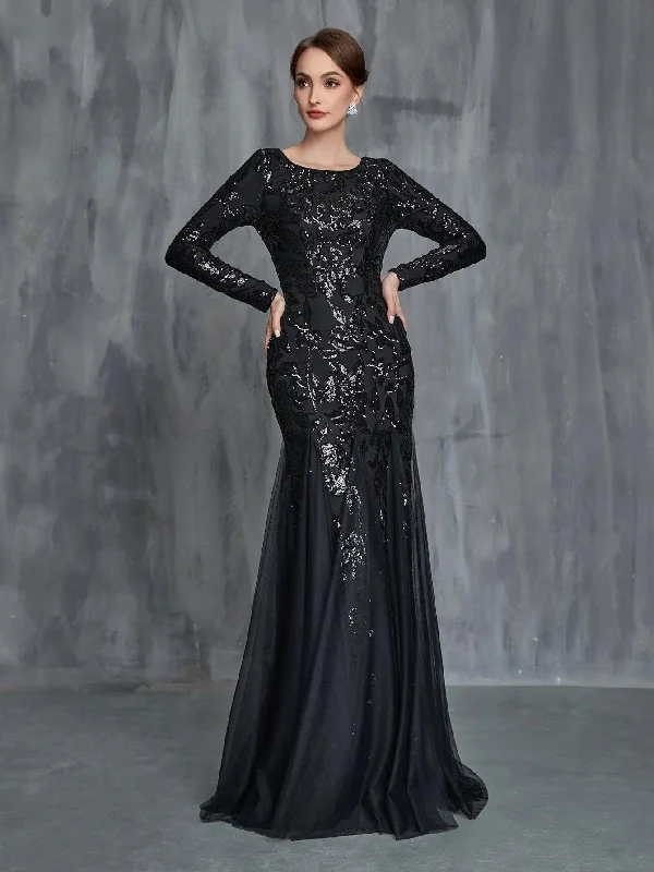 Womens' Mesh Insert Mermaid Hem Sequin Formal Dress