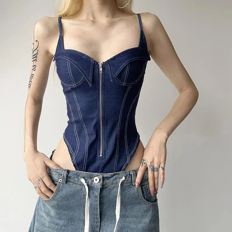 Denim zip-up backless v neck stitch cami bodysuit Comfortable Sports Bodysuit