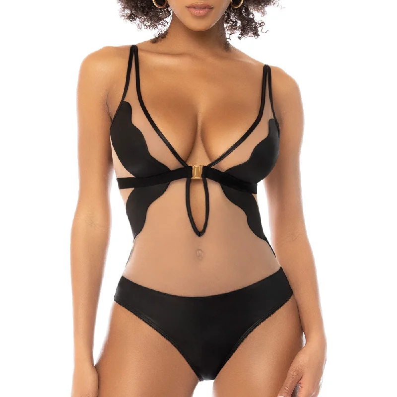 Mapale Sheer Mesh Silhouette Plunge Bodysuit Stylish Bodysuit with Cross Front