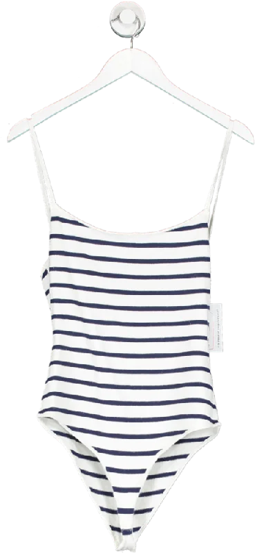 Musier Paris White Dido Striped Backless Knitted Bodysuit UK 12 Fashionable Sleeveless Bodysuit with Buttons