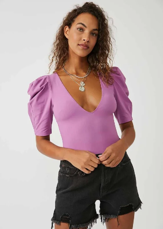 Free People Va Va Voop Bodysuit in Wildberry Stylish Bodysuit with Cross Front