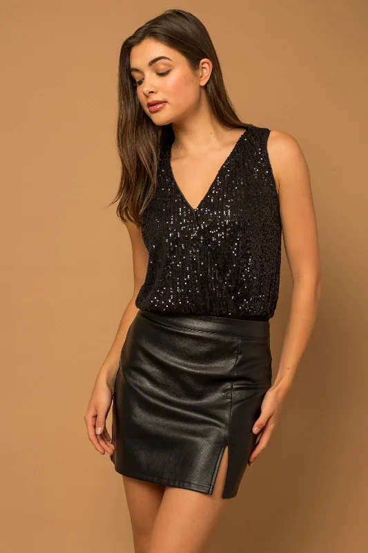 Sleeveless Sequin Wrap Bodysuit Elegant Bodysuit with Chiffon