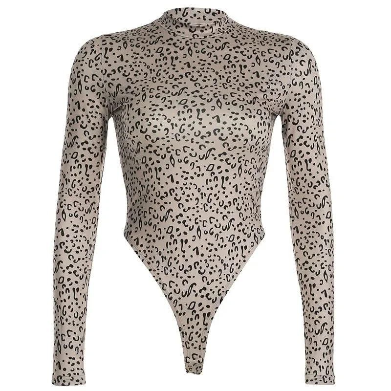 Leopard print long sleeve high neck bodysuit Trendy Lace-Up Bodysuit