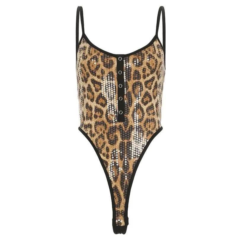 Leopard print u neck glitter button cami bodysuit Elegant Bodysuit with Mesh Panels