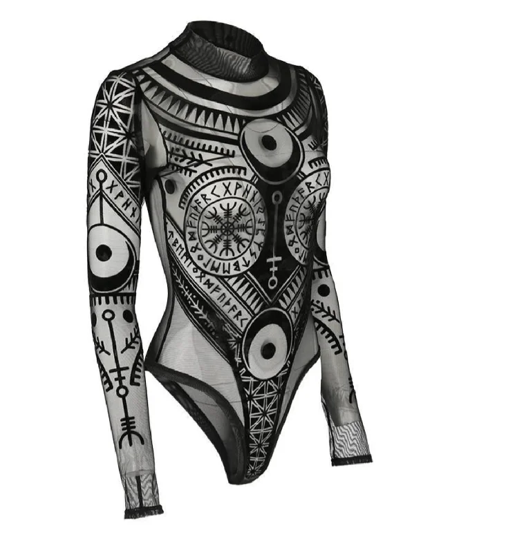 Mesh Gothic Bodysuit - Runic motif Elegant Back Zip Bodysuit