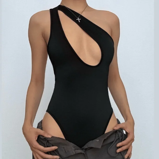 Solid One shoulder Hollow Out Bodysuit Trendy Sculpting Bodysuit