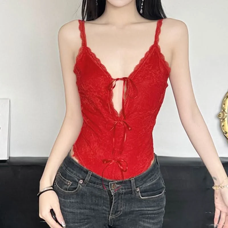 V neck lace bowknot cami bodysuit Fashionable Bodysuit with Button Front