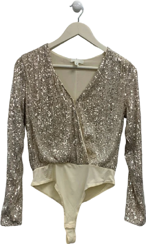 H&M Beige Sequin Bodysuit UK 8 Fashionable Bodysuit with Pleats