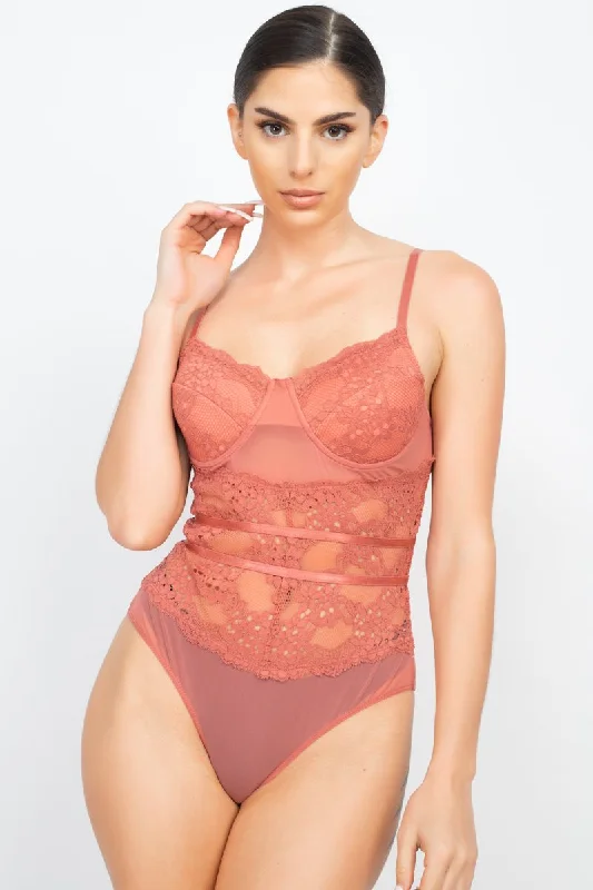 Sheer Lace Floral Padded Bodysuit Trendy Sculpting Bodysuit