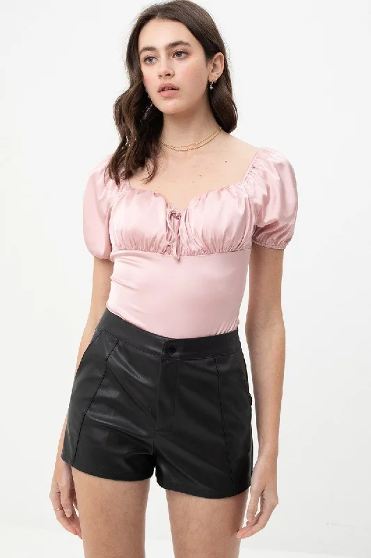 Satin Bodysuit With Front Neck Tie And Scooped Neck Trendy Lace-Up Bodysuit