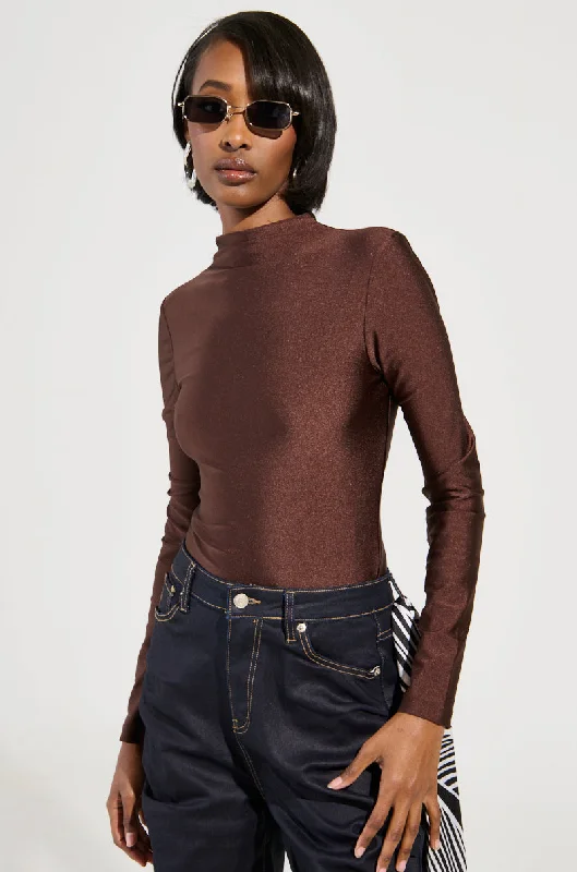 PAXTON DISCO LONG SLEEVE MOCK NECK BODYSUIT IN BROWN Fashionable Embellished Bodysuit