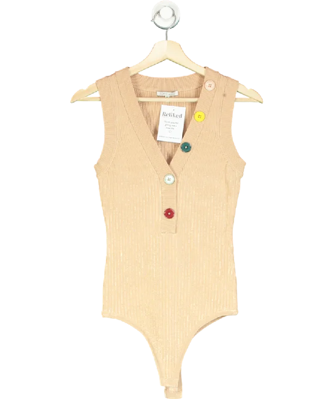 Ronny Kobo Beige Romy Button-detail Bodysuit UK M Comfortable Bodysuit with Thong Back