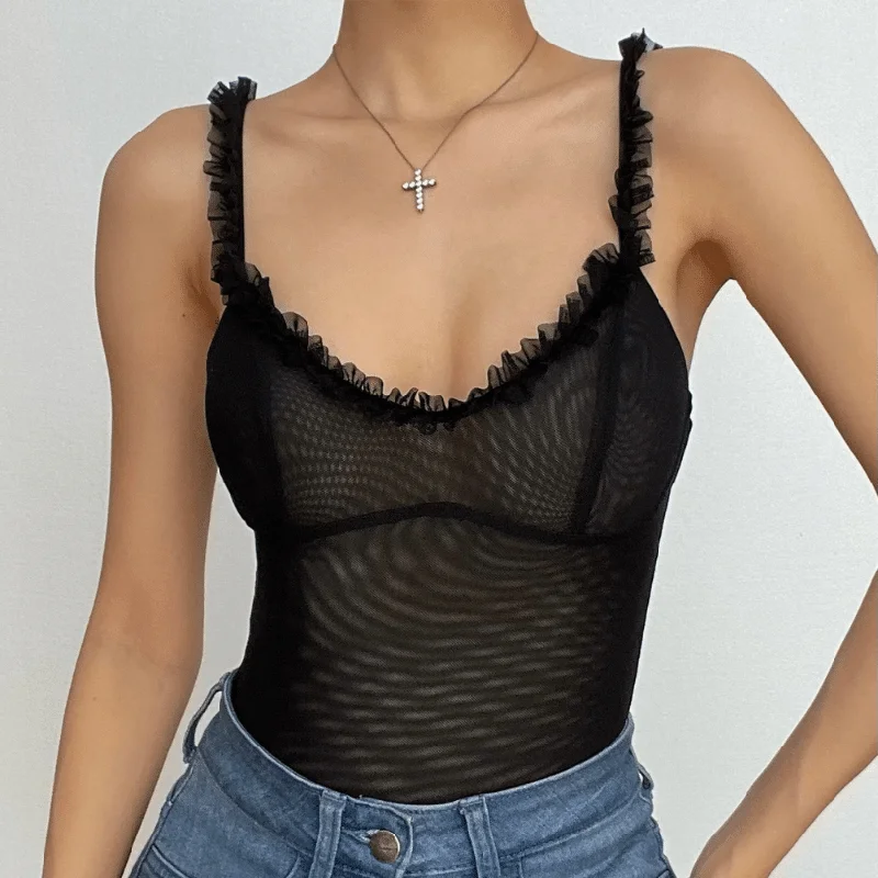 Sheer mesh ruffle see through v neck solid sleeveless bodysuit Stylish Mock Neck Bodysuit