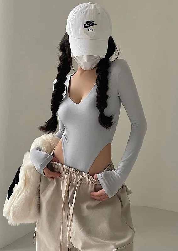 Shia Solid Color V-Neck Slim Long Sleeve High Waist Bodysuit Top Trendy Off-Shoulder Bodysuit