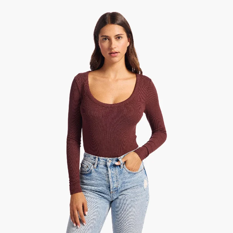 Slinky Rib Long Sleeve Bodysuit | Black Cherry Trendy Seamless Bodysuit for Comfort