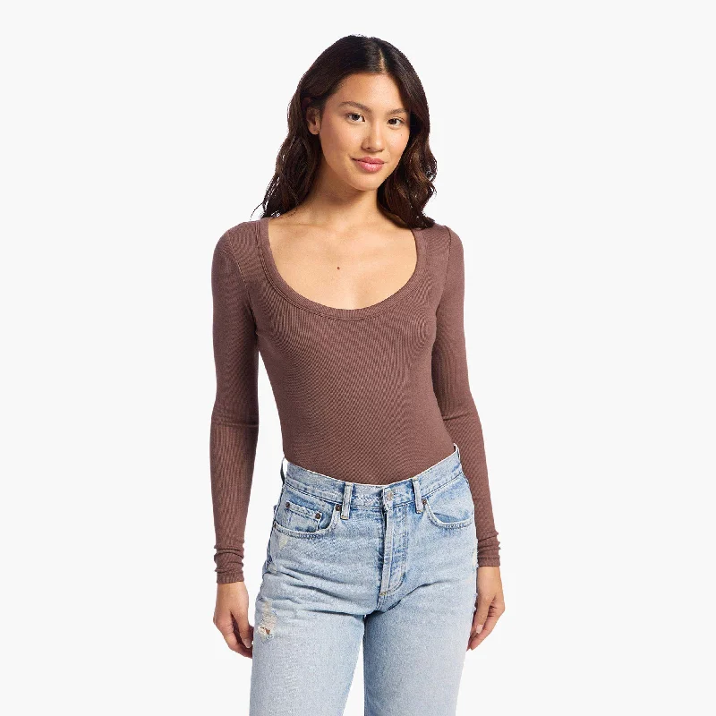 Slinky Rib Long Sleeve Bodysuit | Coffee Stylish Backless Bodysuit